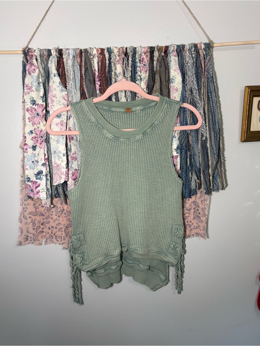 Free People sage green waffle knit tank top with side tie details